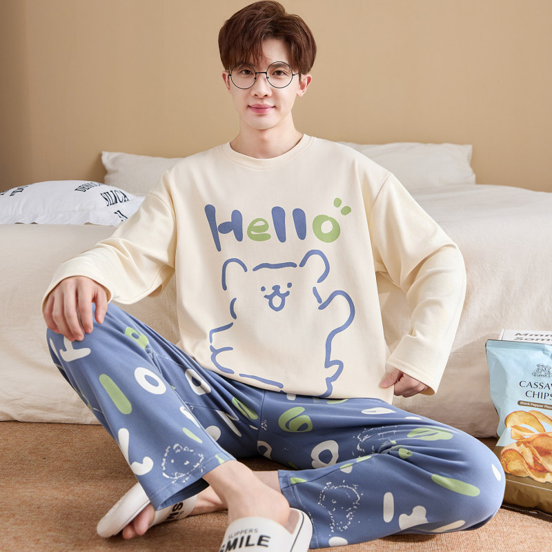 Long-Sleeved Pajamas for Men in Spring and Autum, Pure Cotton, Thin, Cartoon, Cute, Large Size, Loose, Breathable, Cotton Home Wear Set