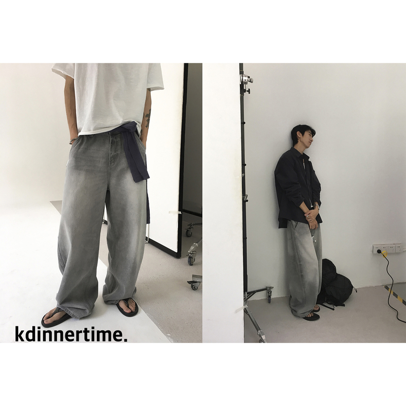 Kdinner Scimitar-Cut Washed Light Gray Drapey Relaxed Casual Denim Wide-Leg Pants Kdinner Scimitar-Cut Washed Light Gray Drapey Relaxed Casual Denim Wide-Leg Pants