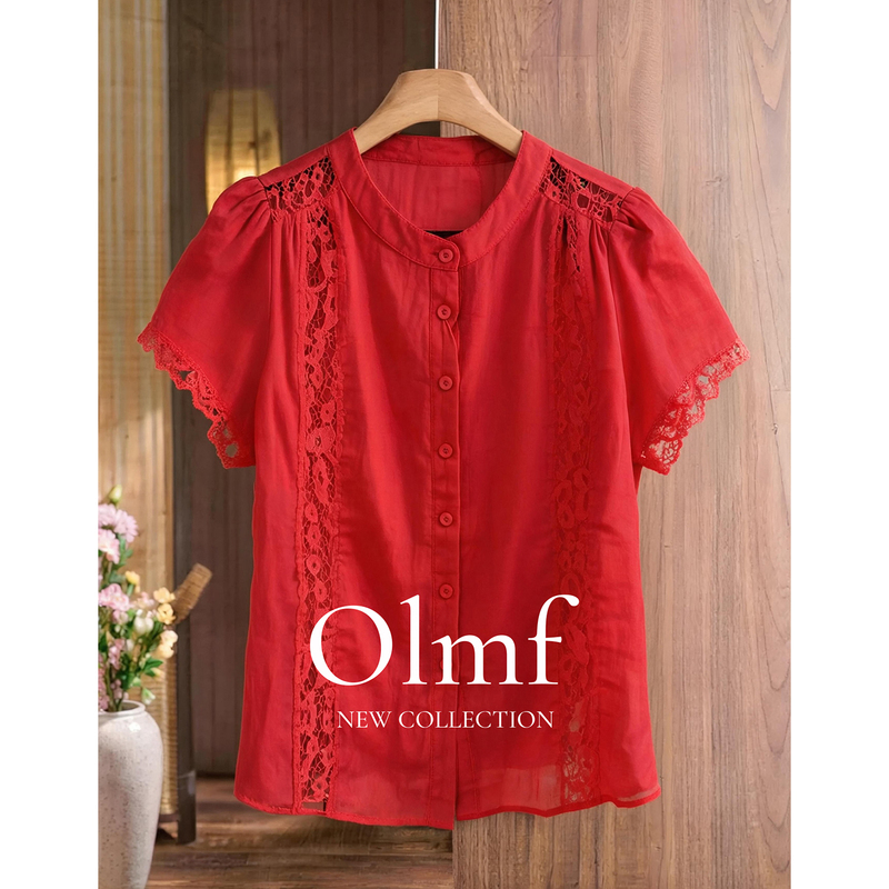 2026 Autumn Plus Size Women's Clothing Fat mm Red Stand Collar Ruffled Short Sleeve Lace Hollow Out Loose Slimming Top 2026 Autumn Plus Size Women's Clothing Fat mm Red Stand Collar Ruffled Short Sleeve Lace Hollow Out Loose Slimming Top