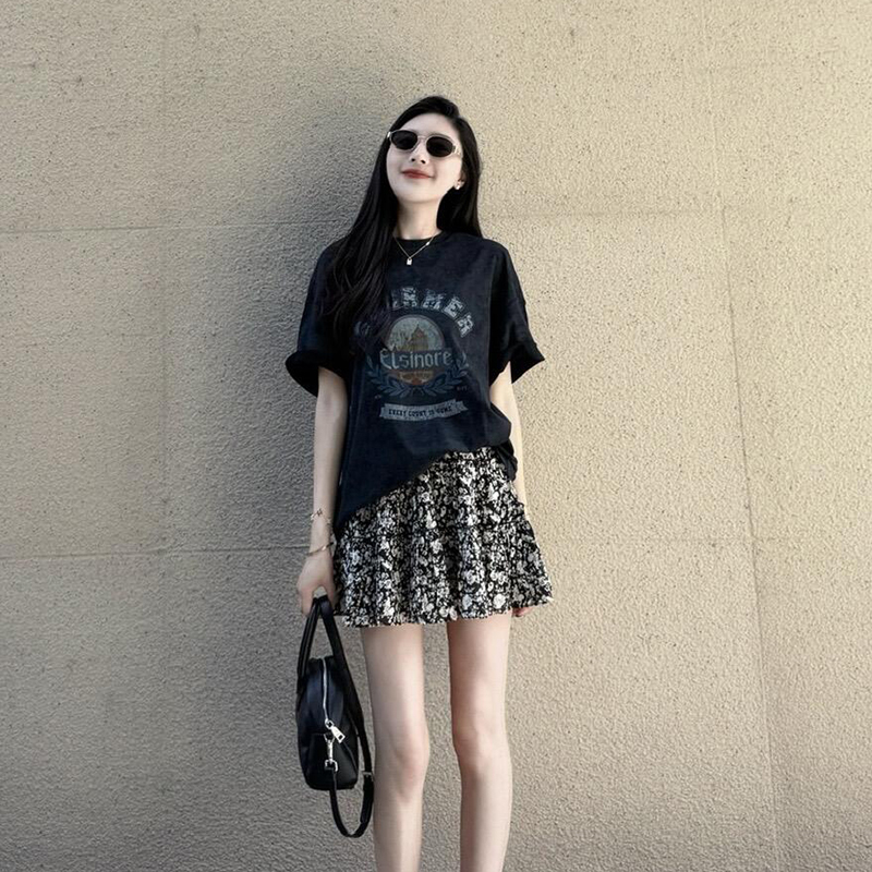 Tee Mango Niche Slim-Fit High Street Printed Black Short-Sleeve T-Shirt for Women, Summer Relaxed Casual Versatile Top