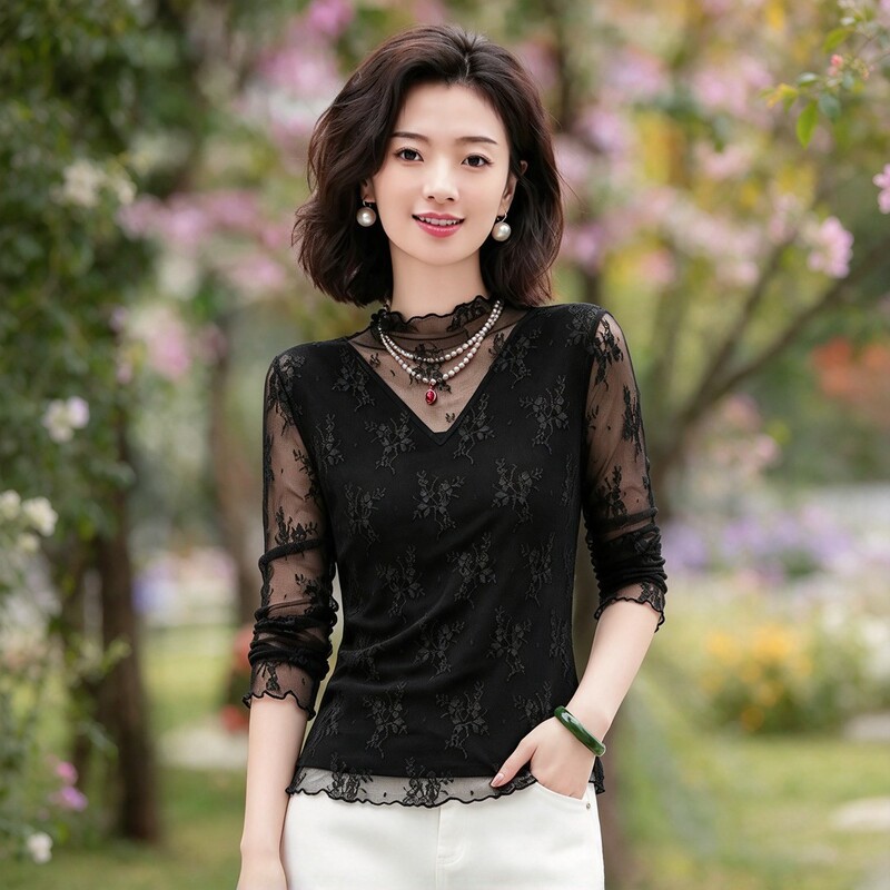 Autumn New Fashion High-Elastic Lace Mesh Embossed Jacquard Versatile Base Shirt Stylish Top for Women Autumn New Fashion High-Elastic Lace Mesh Embossed Jacquard Versatile Base Shirt Stylish Top for Women