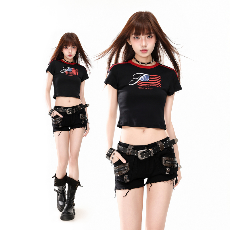 51Xxha American-Style Spicy Girl Flag Print Short-Sleeve Women's Retro Slim-Fit T-Shirt with Regular Shoulders and Exposed Waist, Short Top