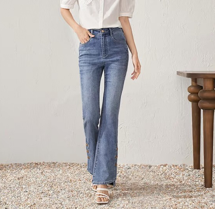 Yinjia Denim Flared Pants with Slits, High Waist, Stretchy, Slim Fit, Stylish and Versatile, Spring/Summer Style, Some May Have Tags Removed