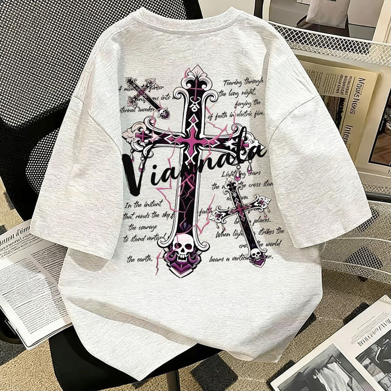 European and American High Street Style Pure Cotton Skull Cross Print Short-Sleeved T-Shirt for Men and Women, Loose and Versatile, Personalized Casual Top t