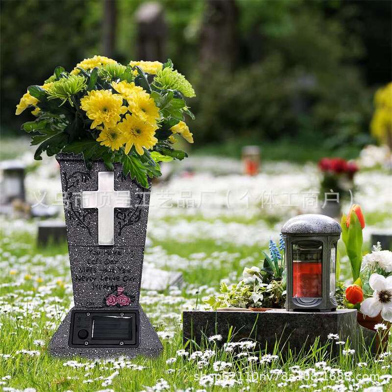 Cross-Border Amazon Solar-Powered Cemetery Vase with Led Lights, Flower Head Vase, Tombstone, Monument