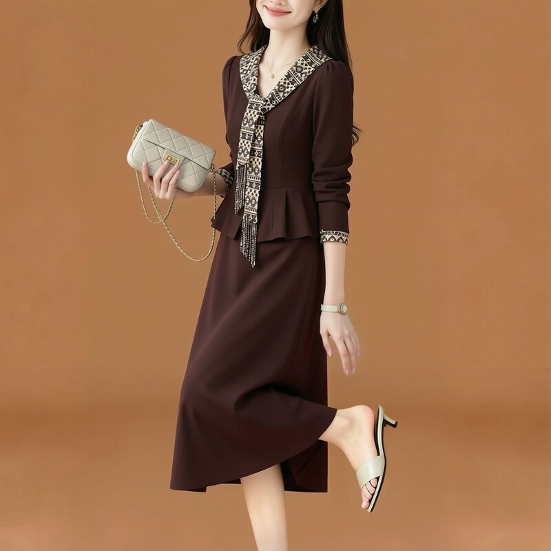 High-End Long-Sleeved Dress for Women, 2026 Autumn New Popular Style, Luxury Brand Faux Two-Piece Set High-End Long-Sleeved Dress for Women, 2026 Autumn New Popular Style, Luxury Brand Faux Two-Piece Set