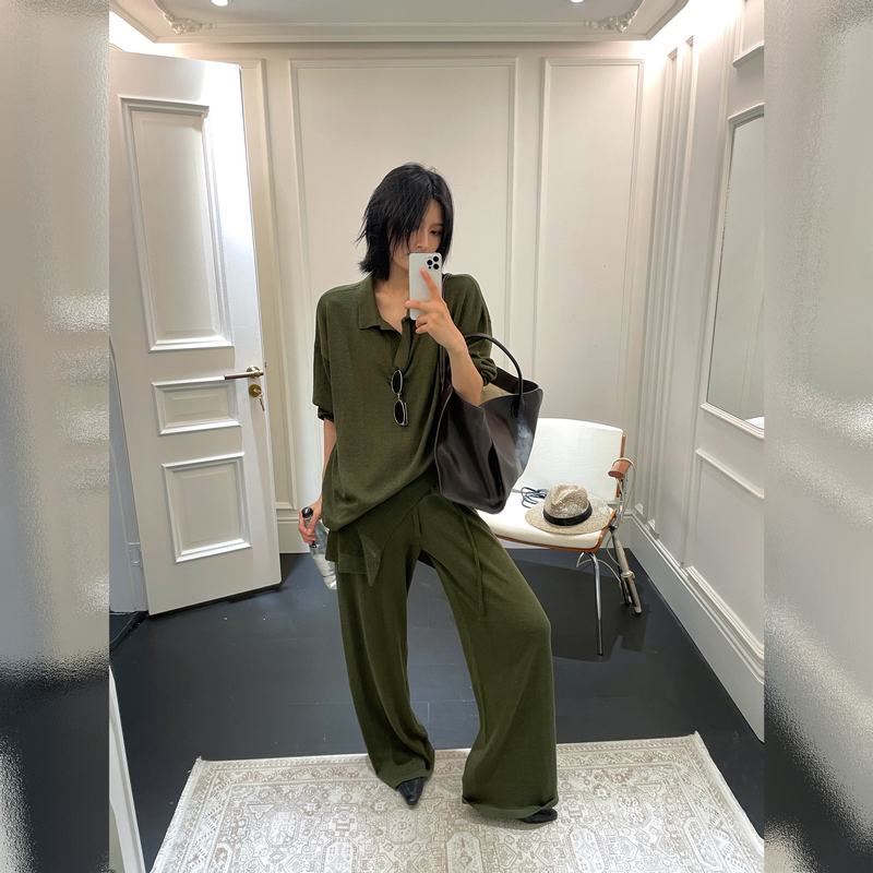 Jccc Shadow [Willow-Colored Fir Forest] Wool Blend Old Money Lapel Shirt Casual Pants Fashion Two-Piece Set for Women