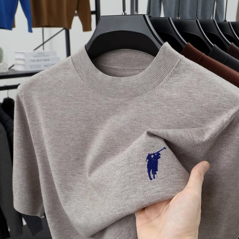 Paul Spring and Autumn Men's Fine Wool Silk Sweater for Young and Middle-Aged Men, Half-Turtleneck Short-Sleeve Knitted Base Layer Embroidered T-Shirt