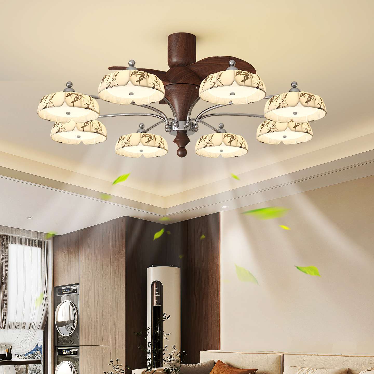 Song style aesthetic restaurant fan lamp, new Chinese style ceiling fan lamp, medieval style fabric fan lamp, multi-head bedroom fan lamp