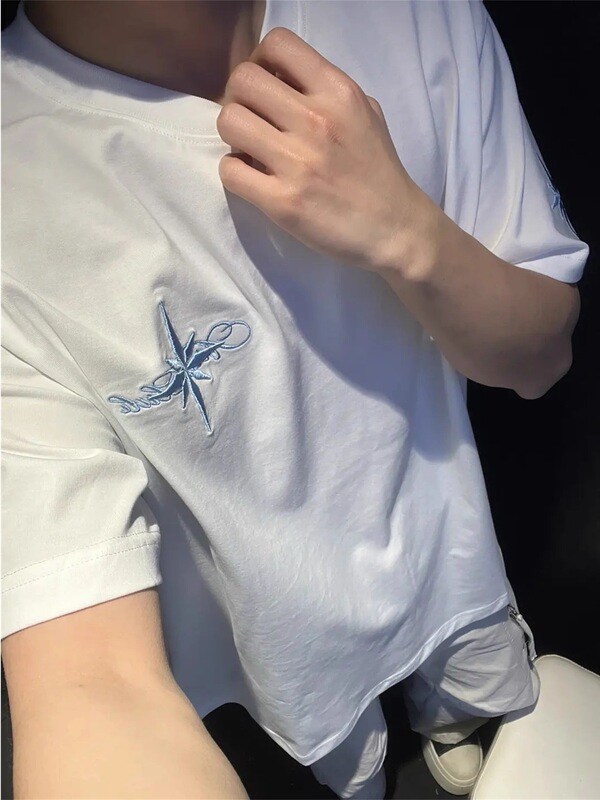 American Trendy Brand Polaris Embroidered Short-Sleeved T-Shirt Men's Summer Loose-Fitting Youth Couple Wear Round-Neck Top
