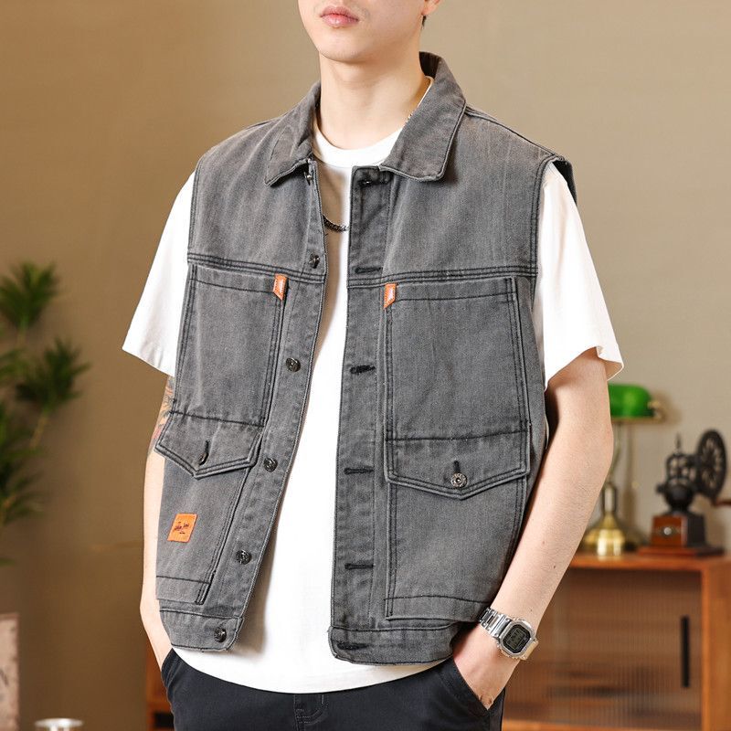 Spring and Summer Vintage Denim Jacket, Loose Fit, Multi-Pocket, Trendy Work Vest, Workwear Vest, Sleeveless Jacket for Men Spring and Summer Vintage Denim Jacket, Loose Fit, Multi-Pocket, Trendy Work Vest, Workwear Vest, Sleeveless Jacket for Men
