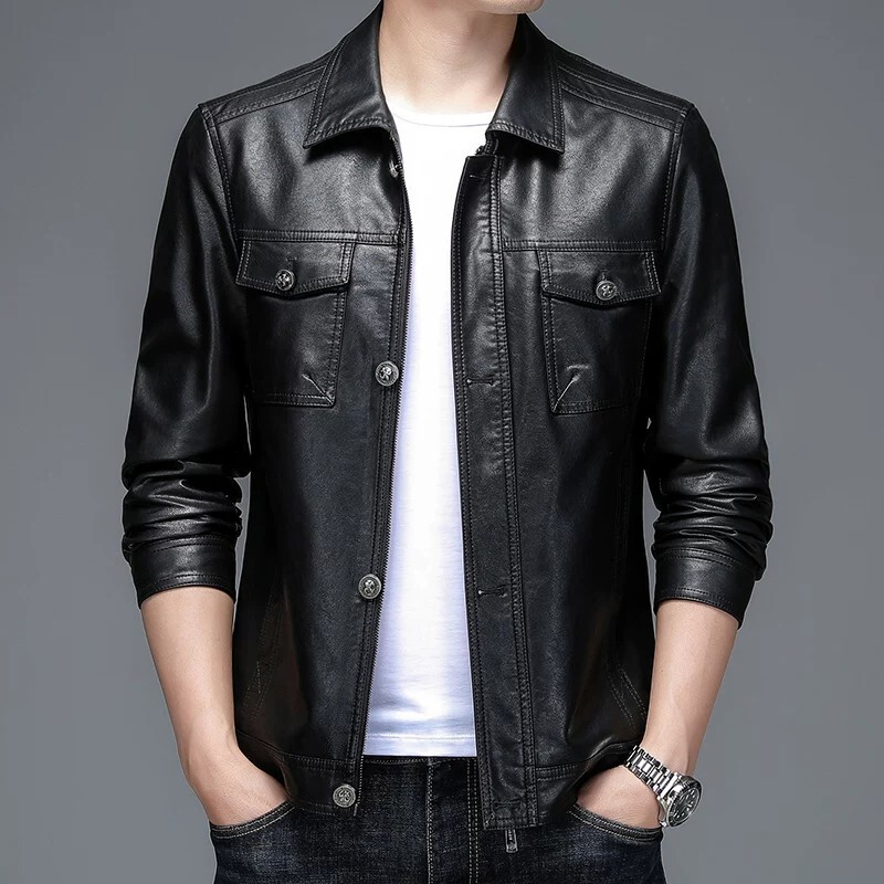 Haining Leather Jacket for Men 2026 New Casual Motorcycle Style Middle-Aged Men's Leather Jacket with Fleece Lining and Thickened Coat for Spring, Autumn and Winter