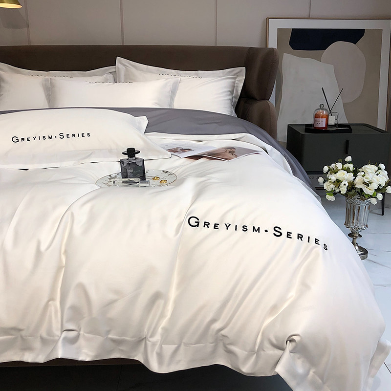 Nordic light luxury style 100 long-staple cotton four-piece set cotton pure cotton satin embroidery simple solid color bedding - Taobao