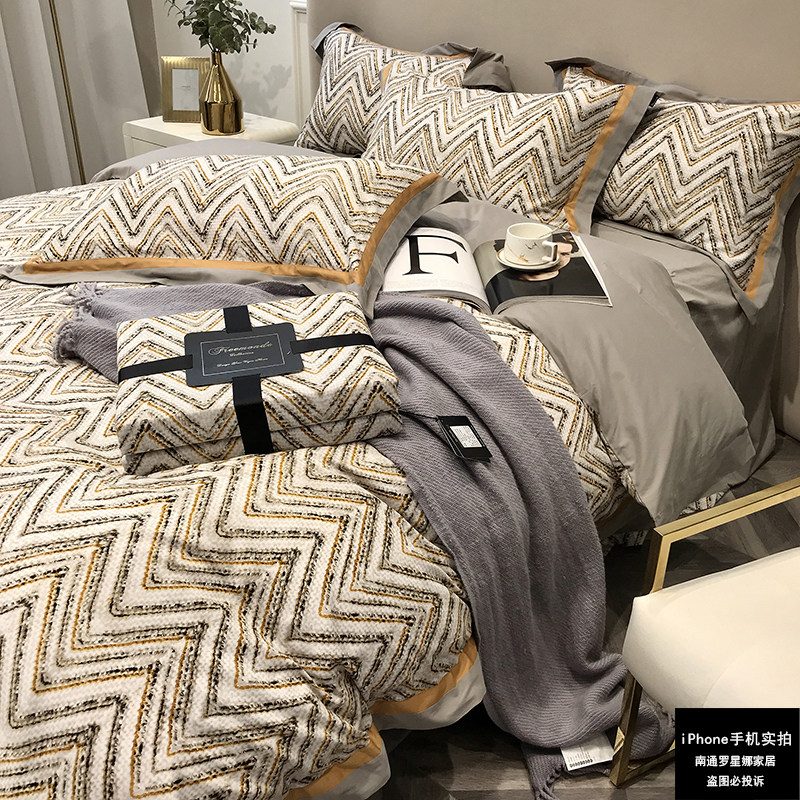 Light extravagant 100 full cotton mill wool four pieces long suede cotton autumn winter soft and warm bed linen pure cotton 1 8 bed bedding