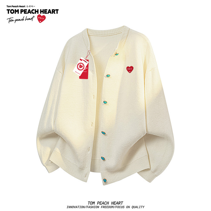 Tom Peach Heart Autumn New Cardigan Sweater Unisex Couple Style Loose Casual Versatile Warm Knit Top
