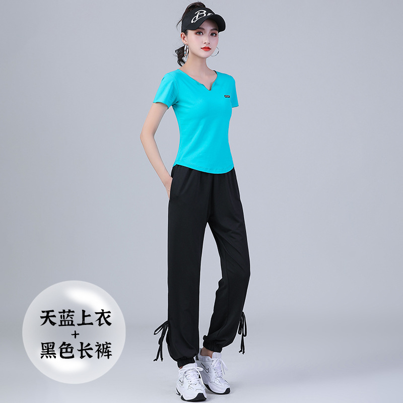 Yang Liping Summer's new women's adult square dance suit fashion V collar short sleeve long pants suit Fitness and workout