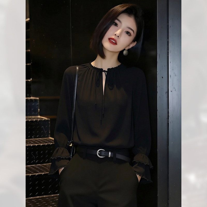 (in Stock) 2026 Elegant Black Lace-Up Shirt for Women, Long-Sleeved, Vintage Style, Slimming, Age-Reducing, Suitable for Commuting (in Stock) 2026 Elegant Black Lace-Up Shirt for Women, Long-Sleeved, Vintage Style, Slimming, Age-Reducing, Suitable for Commuting