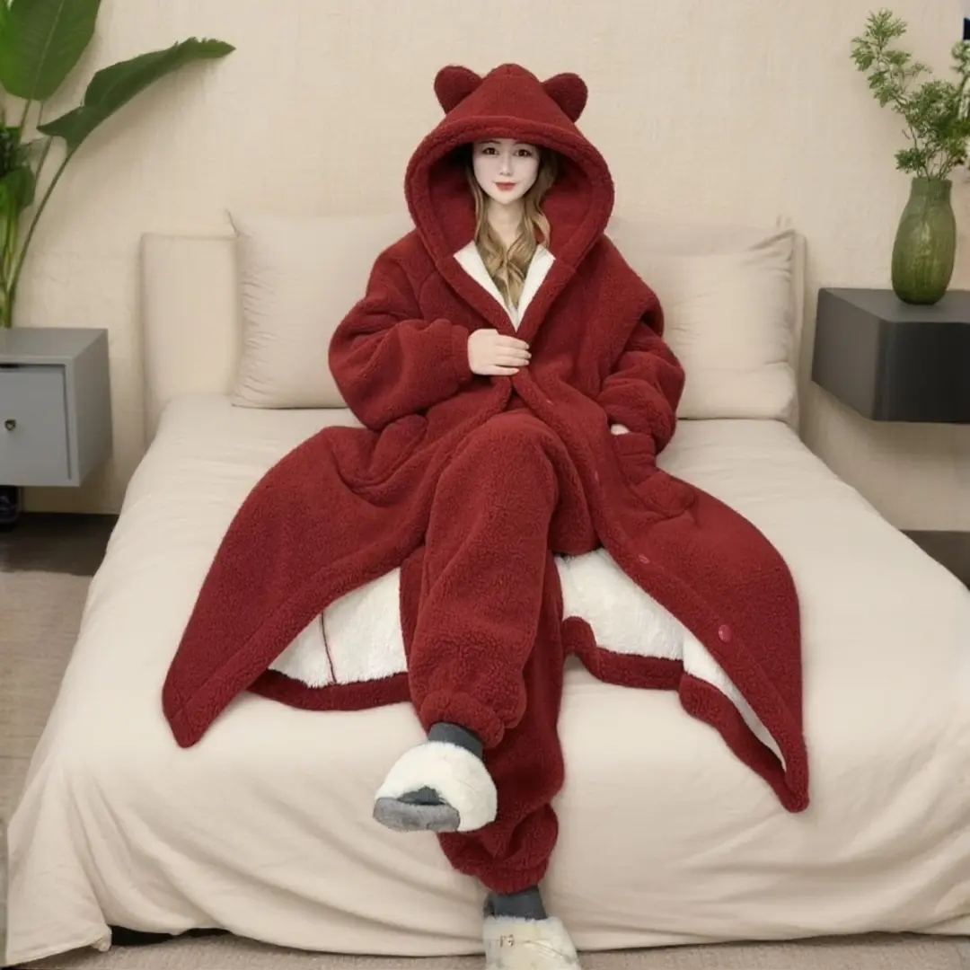 Wnz Deep Winter Extra Thick Unisex 2025 New Model Small Heater Pajamas Fleece-Lined Loungewear Hooded Robe