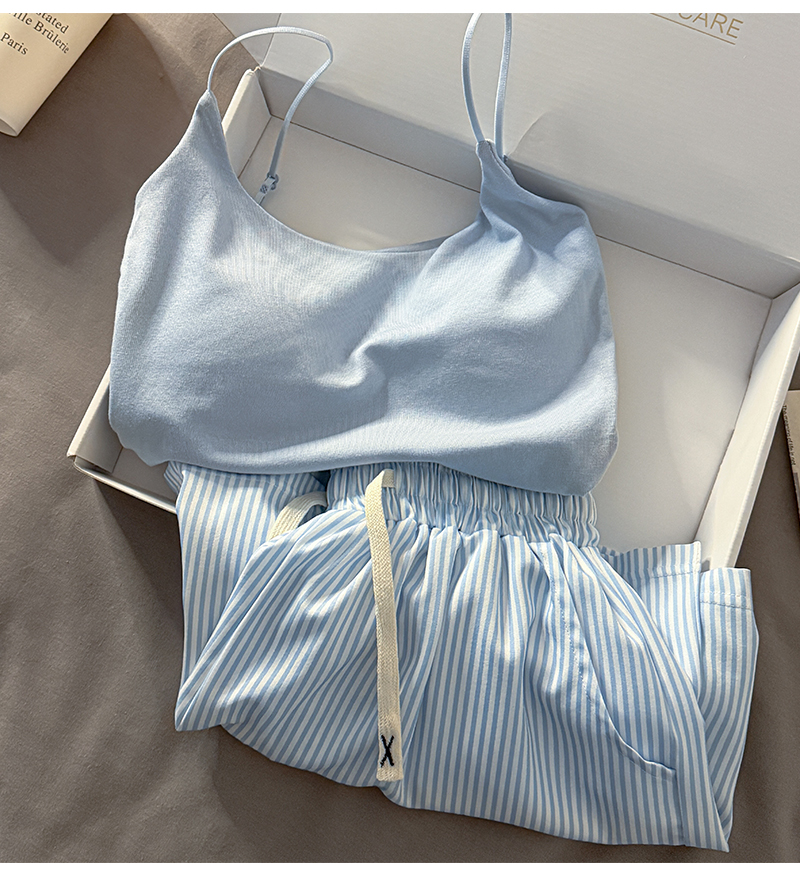With chest pad All in one camisole vest female summer pure desire wind camisole stripe shorts pajamas Home Furnishings Two piece set
