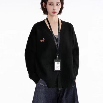 Black v-neck sweater jacket for women in autumn and winter knitted cardigan with lazy style cashmere 2025 new top