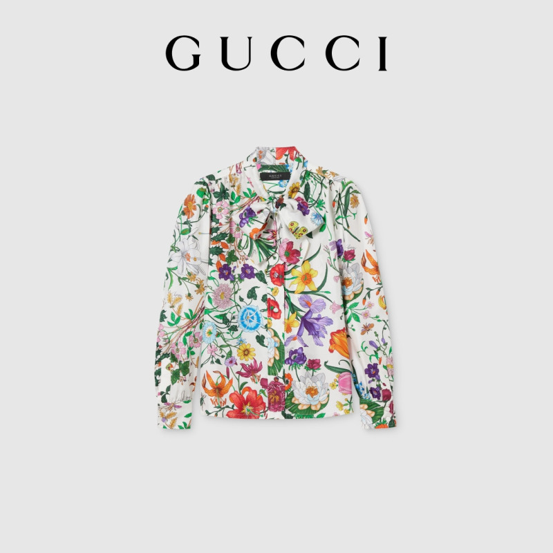 [New Style] Gucci Gucci Printed Mulberry Silk Twill Shirt with Bow Tie