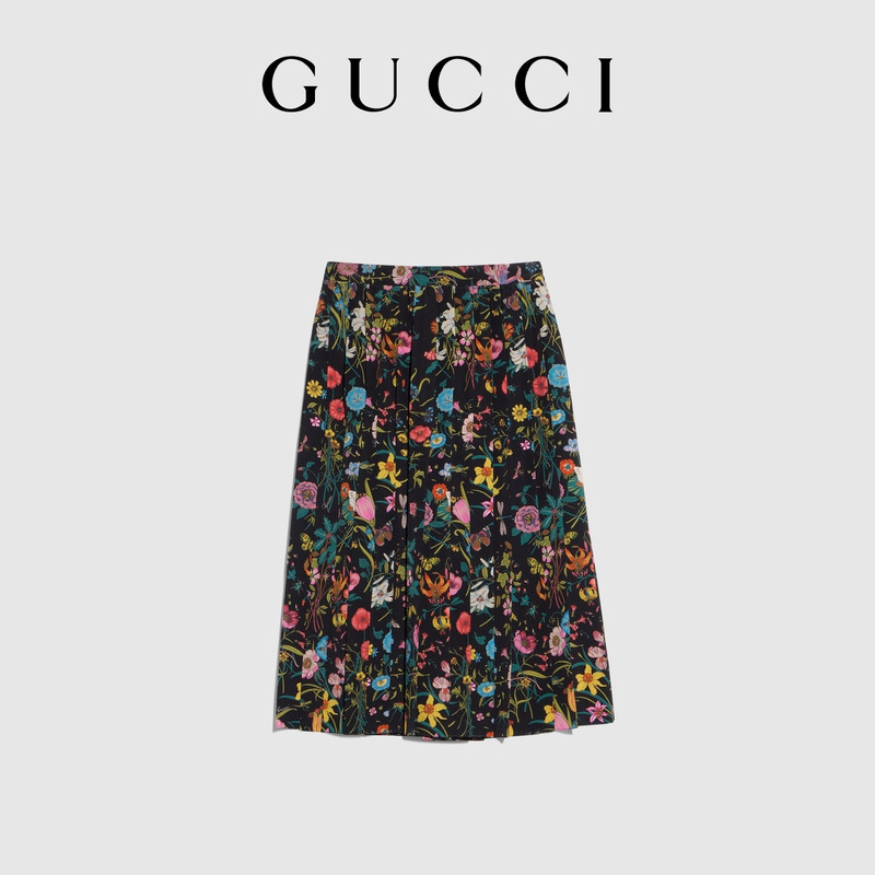 [New Style] Gucci Gucci Printed Mulberry Silk Mid-Length Skirt