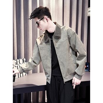2026 popular men's jacket spring contrasting color lapel pu leather jacket casual splicing tie-dye leather jacket trendy brand