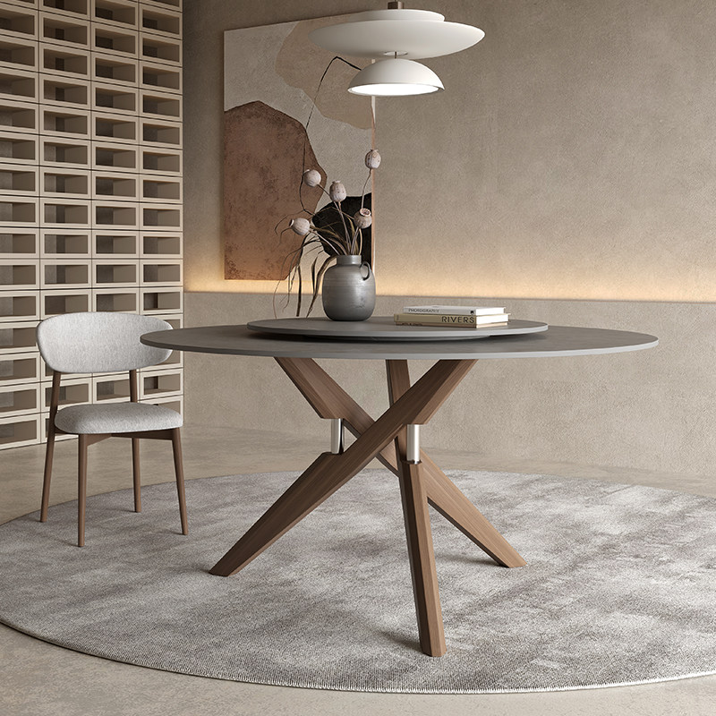 Solid wood round table slate dining table round with turntable modern simple wabi-sabi M style ash wood walnut color branch dining table