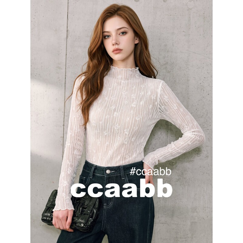 It:Ccaabb White Lace Half-High Collar Long-Sleeved Chiffon Shirt for Women Autumn Pure Lust Style Slim Fit Thin Lace Top