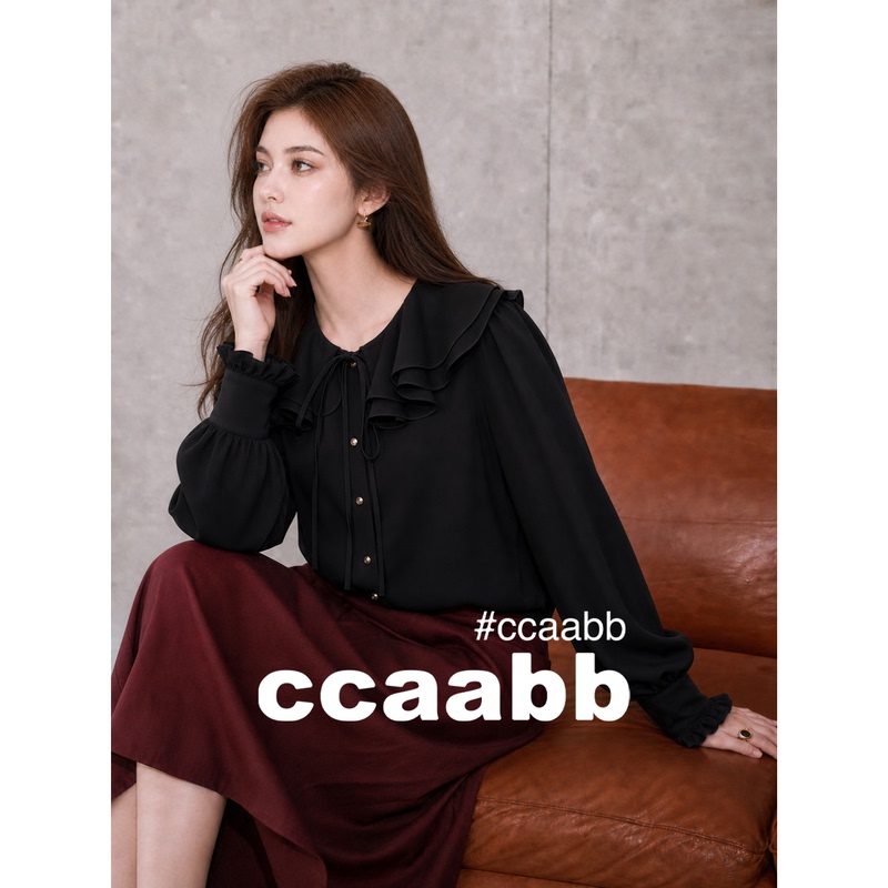 It:Ccaabb Black Ruffled Lace-Up Shirt Women's 2026 Autumn French Style Loose Long-Sleeved Shirt