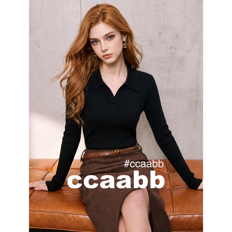 It:Ccaabb Black Polo Collar Long-Sleeved Knitwear Women's Autumn Retro Simple Slim-Fitting Top It:Ccaabb Black Polo Collar Long-Sleeved Knitwear Women's Autumn Retro Simple Slim-Fitting Top