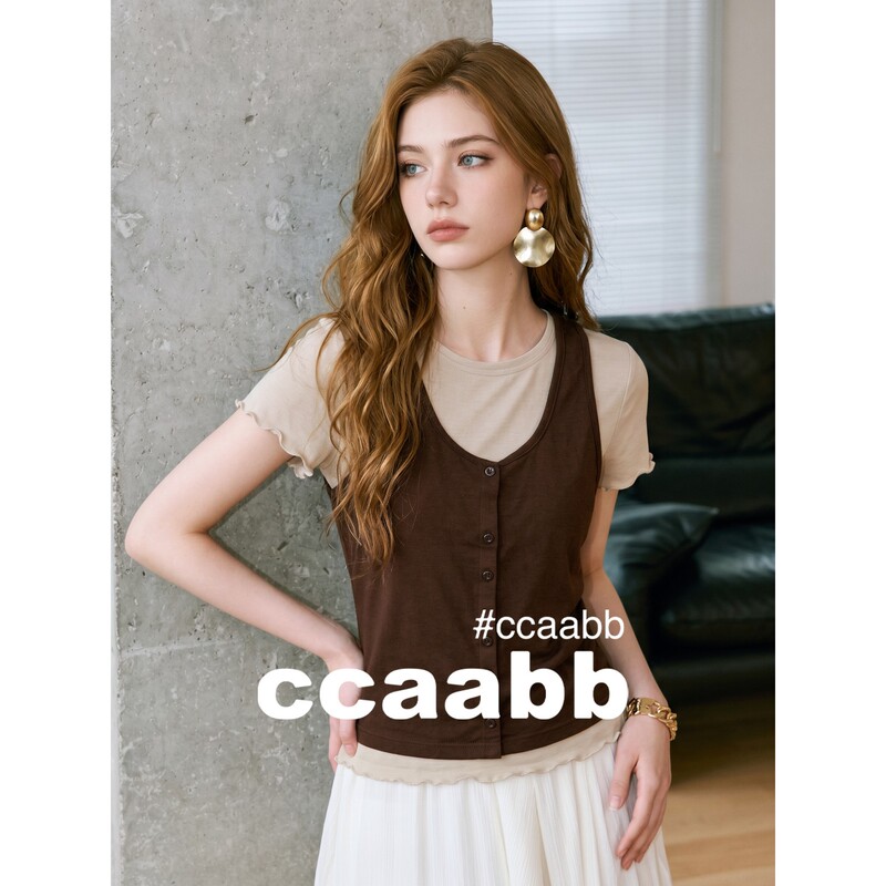 It:Ccaabb Color-Blocked Faux Two-Piece Ruffled Short-Sleeve T-Shirt for Women, Summer Waist-Cinching Slimming Tencel Round-Neck Top
