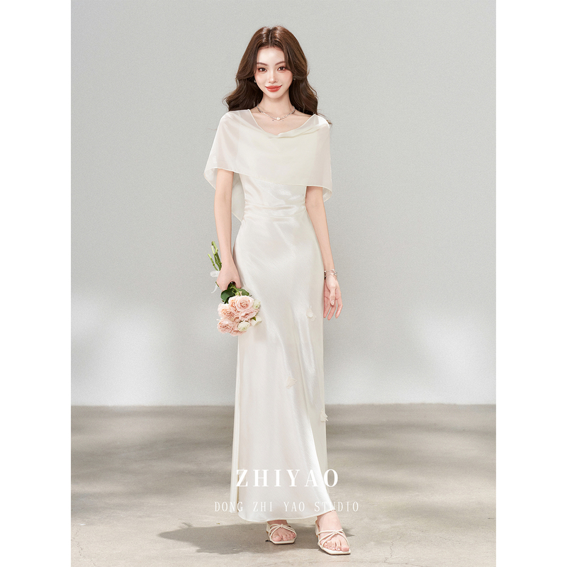 Dong Zhiyao's New Summer French-Style High-End Satin Shawl Dress, Elegant Women's Dress, Waist-Cinching Slim-Fit Long Dress