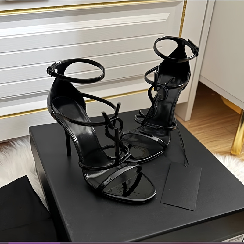 New Style Yangshulin Letter Buckle Sandals for Women, Stiletto Heels, Sexy and Elegant, New Patent Leather Black One-Strap High Heels