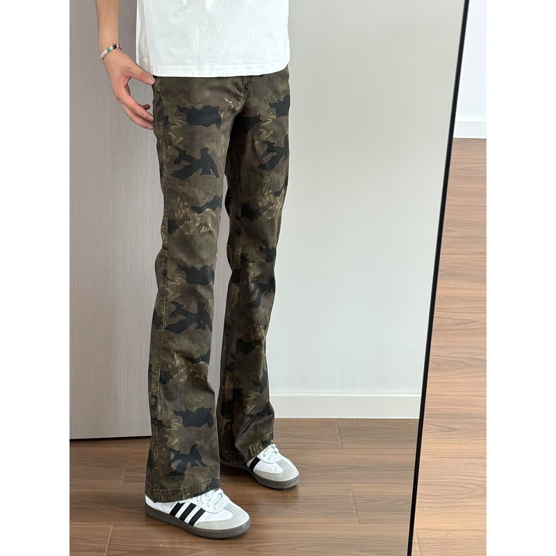 American High Street Style Flared Camouflage Jeans for Men, New Spring and Autumn Slim Fit Washed Trendy Vibe Scimitar Long Pants American High Street Style Flared Camouflage Jeans for Men, New Spring and Autumn Slim Fit Washed Trendy Vibe Scimitar Long Pants