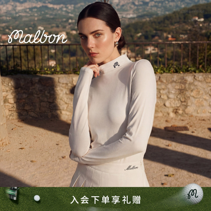 Malbon Women's Golf Casual Sports Embroidered Logo High Neck Slim Fit Solid Color Casual Long Sleeve Base T-Shirt Malbon Women's Golf Casual Sports Embroidered Logo High Neck Slim Fit Solid Color Casual Long Sleeve Base T-Shirt