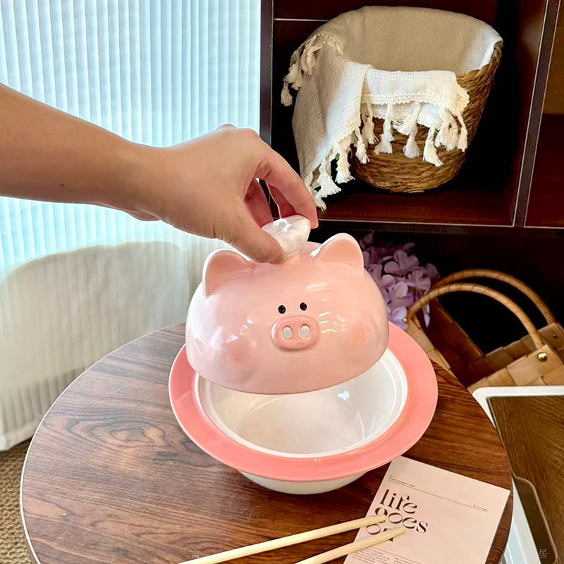   Creative and Cute Piggy Instant Noodle Bowl, Ceramic with Lid, High Aesthetic Value, Large Soup Bowl, Rice Bowl, Tableware, Gift