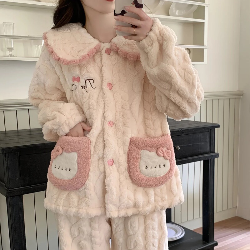 Coral Fleece Pajamas for Women, Autumn and Winter Thickened Set, Sweet and Cute Student Style, Flannel Warm Loungewear for Ladies