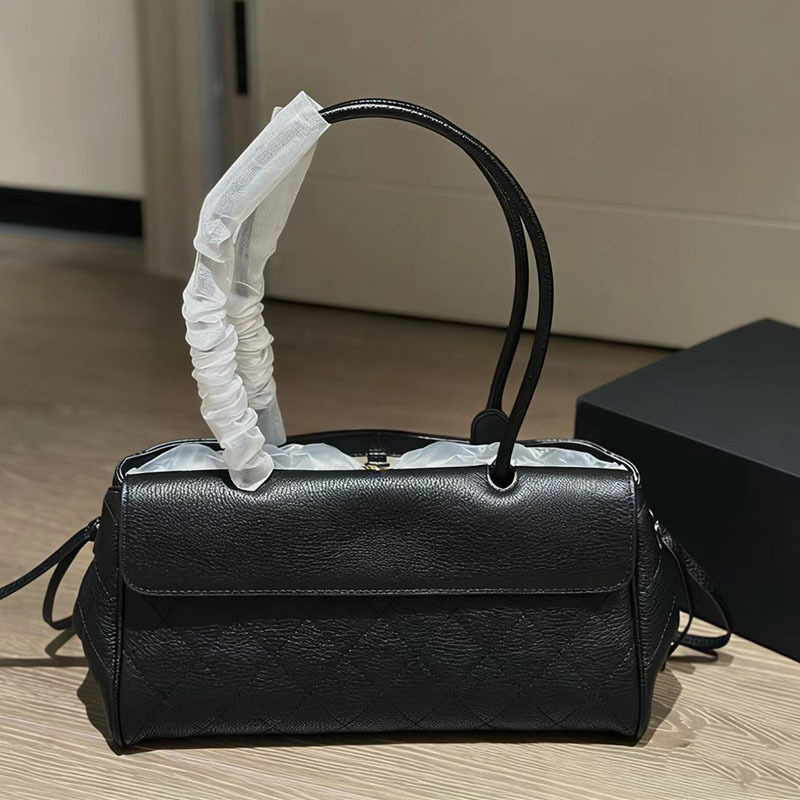 New 26S Classic Black and Gold Quilted Leather Bowling Bag, Vintage Motorcycle Bag, Horizontal Underarm Shoulder Handbag