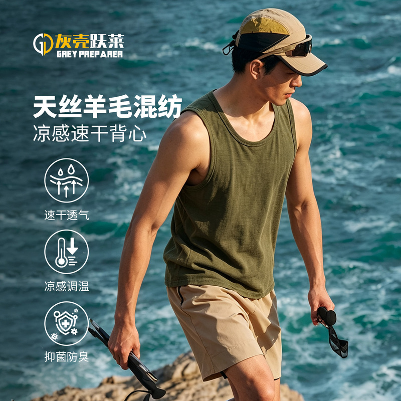 Gray Shell Merino Wool Vest Men's Sports Quick-Drying T-Shirt Outdoor Mountaineering Running Tencel Summer Sleeveless Top