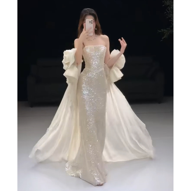 Strapless Evening Dress 2026 New High-End Heavy Sequin Bridal Engagement Wedding Toast Dress for the Bride's Homecoming Banquet Strapless Evening Dress 2026 New High-End Heavy Sequin Bridal Engagement Wedding Toast Dress for the Bride's Homecoming Banquet