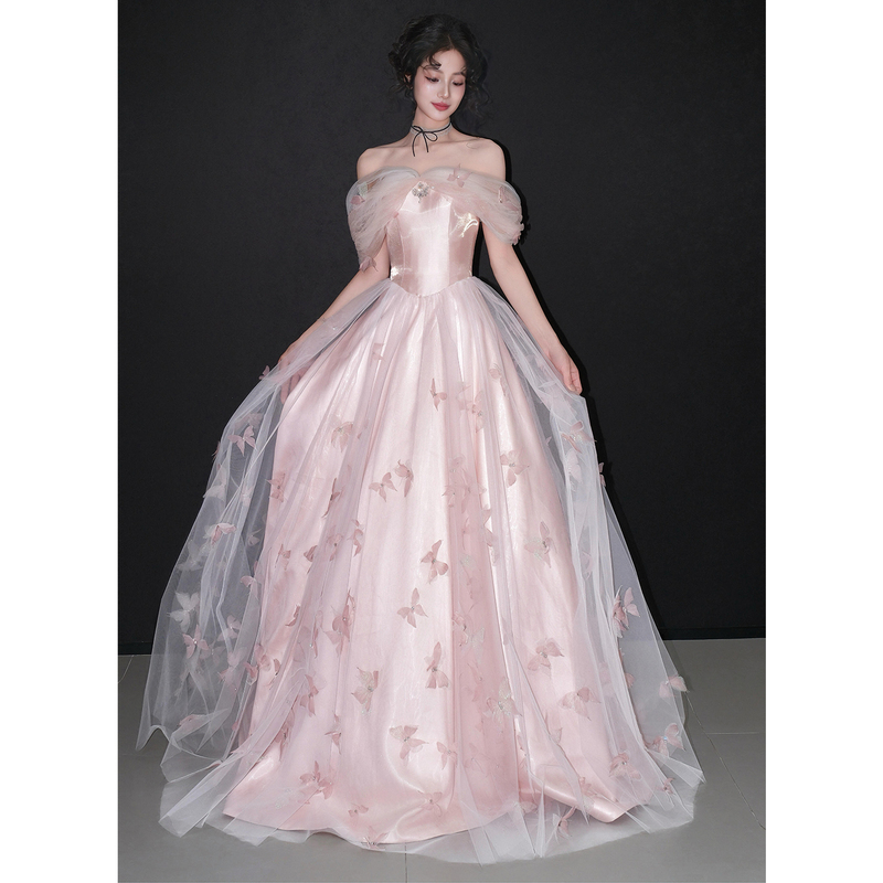 One-Shoulder Pink Evening Dress for Women, Bride, Engagement, Wedding, Toast Dress, Sweet Student Birthday, Coming-Of-Age Ceremony, Princess Dress