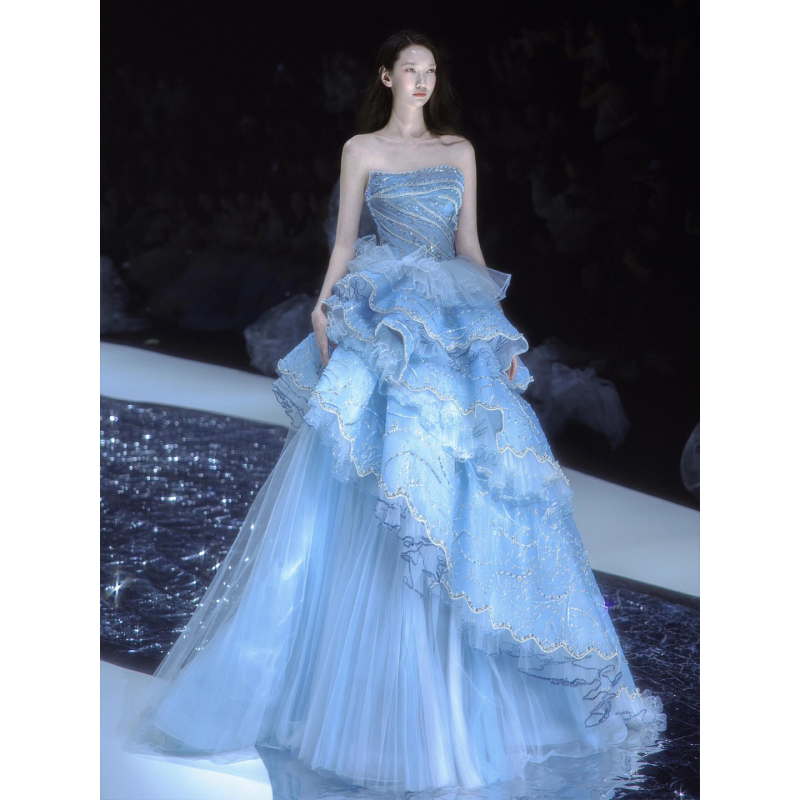 Blue Strapless Evening Dress Student Coming-Of-Age Ceremony Birthday Princess Dress High-End Heavy-Duty Bride Engagement Wedding Toast Dress Blue Strapless Evening Dress Student Coming-Of-Age Ceremony Birthday Princess Dress High-End Heavy-Duty Bride Engagement Wedding Toast Dress