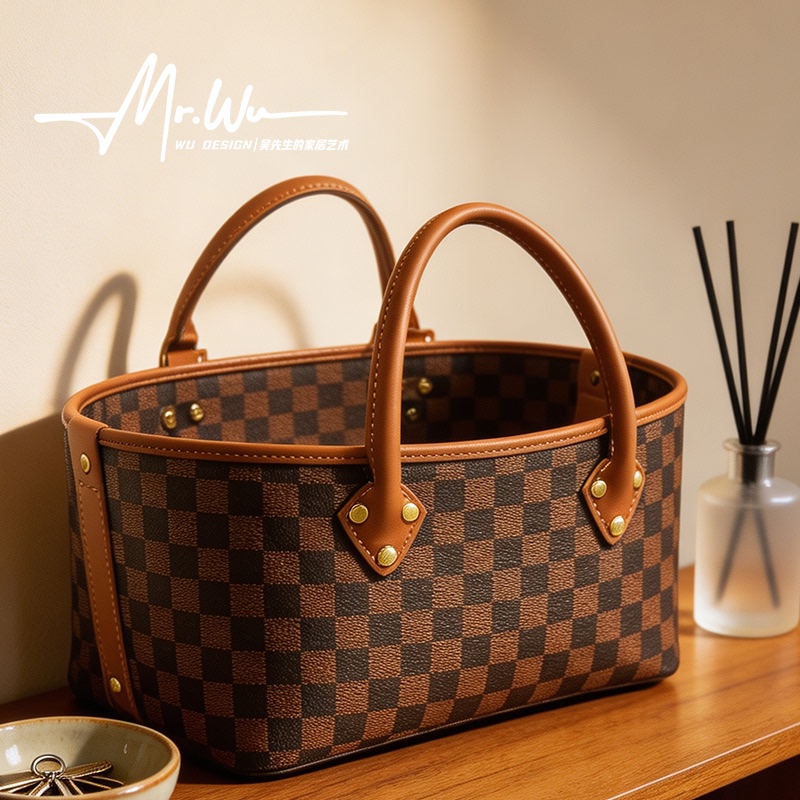 "Mr. Wu's Exclusive" Classic Light Luxury Desktop Storage Basket Checkerboard Pattern Leather Basket Storage Bin