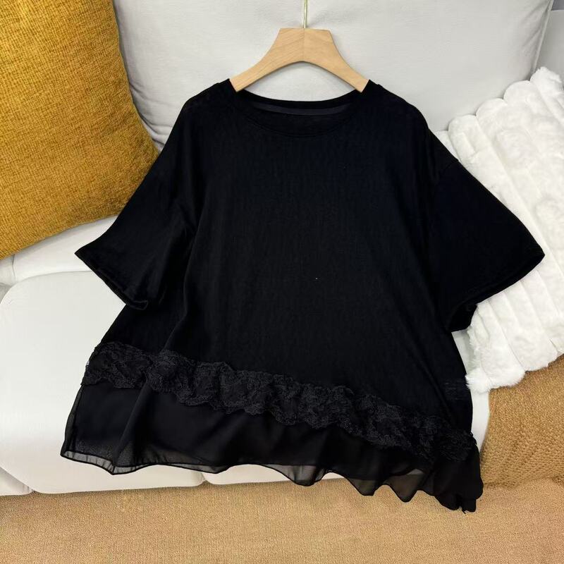 [New Arrivals for Summer: Lace T-Shirt] New Round-Neck T-Shirt with Irregular Lace 04173