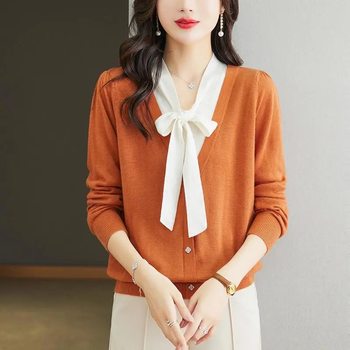 New hong bow knot sweater women's spring and autumn holiday two pieces