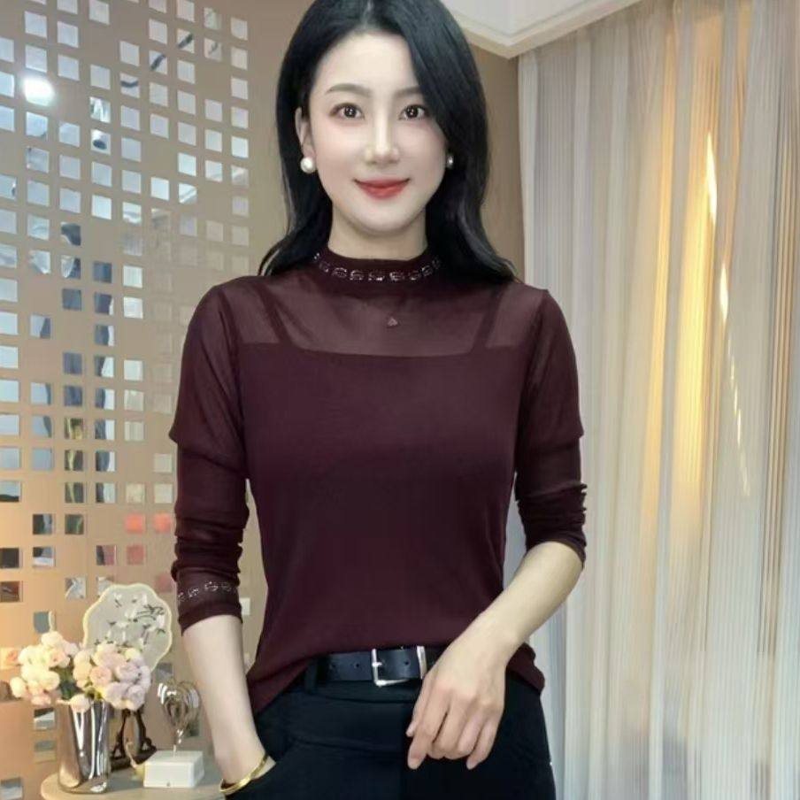 Jiaoyinduo, осенняя новая кружевная сетчатая футболка с длинными рукавами, женская маленькая рубашка с кружевной строчкой, стрейчевая футболка, топ