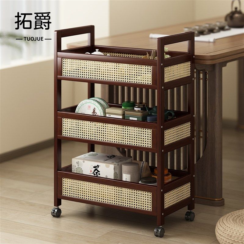 Movable coffee table trolley antique tea set x tea storage rack non-solid wood small tea table side cabinet tea