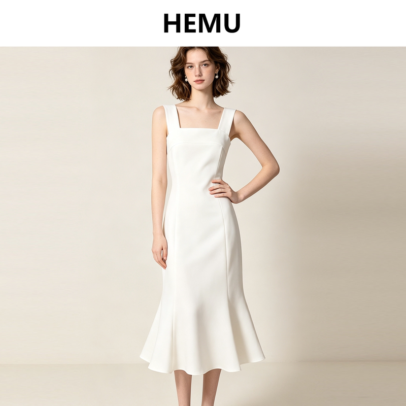 White Dress for Women, French Hepburn Style, Spaghetti Strap, Fishtail Long Dress, White Dress for Marriage Registration, First Love, White Moonlight, Summer