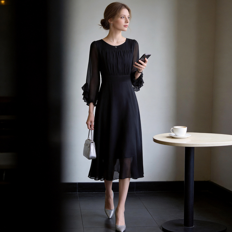 Gentle Style Black Long-Sleeved Dress for Women, Autumn 2026 New Style, Waist-Cinching, Elegant Silk Mulberry Silk Dress for Spring and Autumn